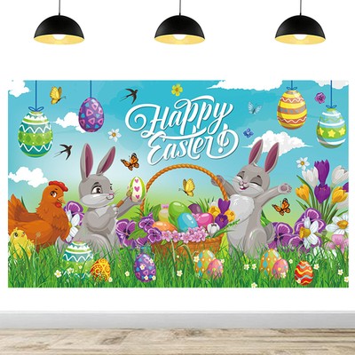 Easter Decorations Banner 70.8'' X 43.3'' Backdrop Happy Easter Eggs Bunny NEW