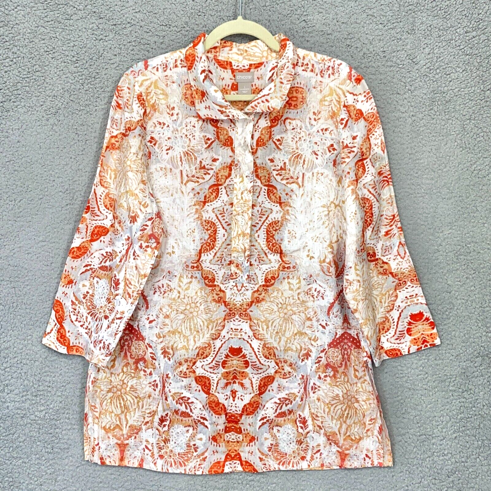 NEW Chicos 100% Linen Popover Tunic Top Burnt Orange White