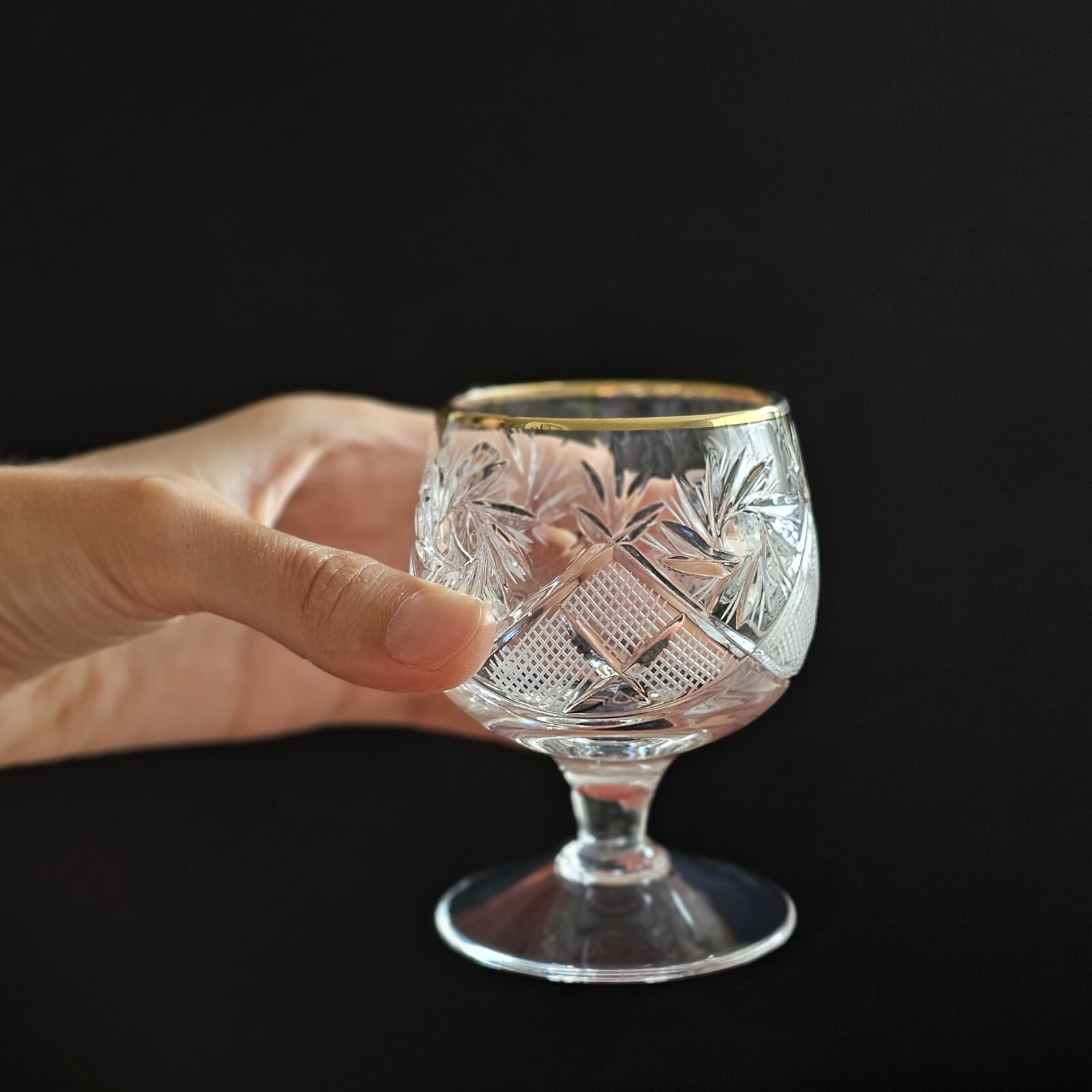 5oz Russian Cut Vintage Crystal Glasses Brandy Snifters with Gold Rim (Set of 2)