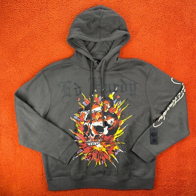 ED HARDY Mens XL Retro Dark Grey Exploding Skull Fleece Streetwear Hoodie Y2K