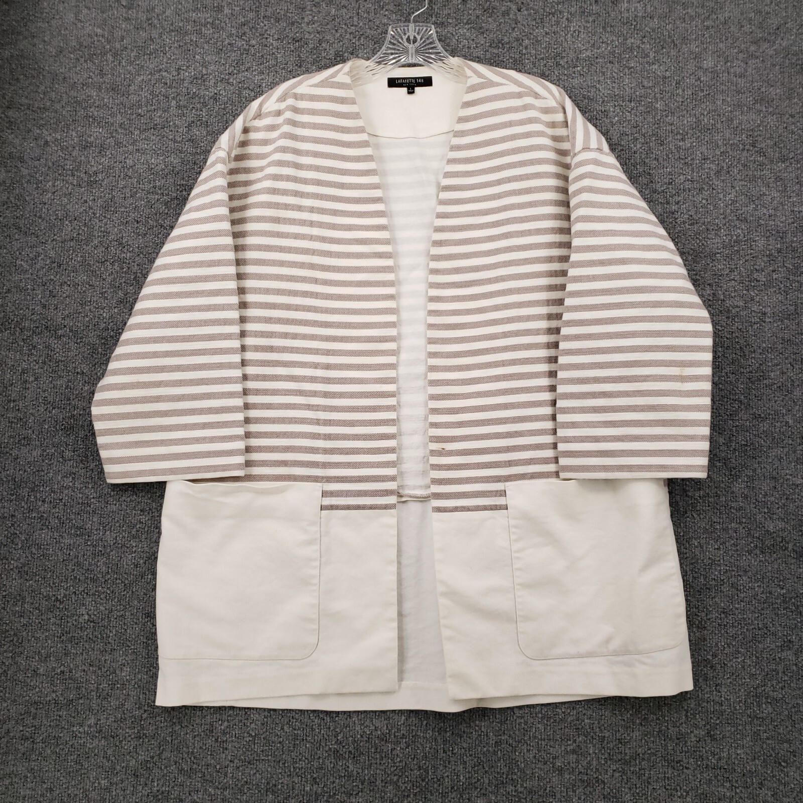 Lafayetee 148 Blazer Women L Large White Striped Open Jacket 3/4 Sleeve Linen