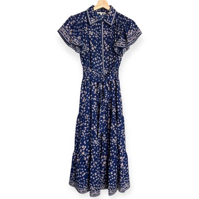 Max Studio Blue Floral Tie Front Cottage Tiered Maxi Shirt Dress Women's Size 4