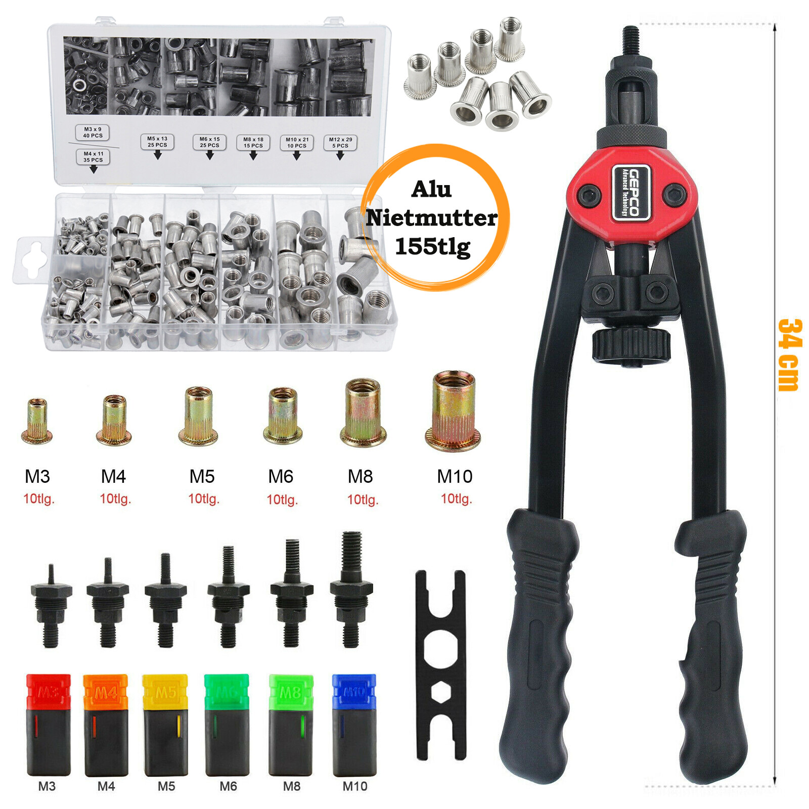 Nietzige Rivet Nuts Rivet Mutter M3-M10 avec 155 pc. Ensemble de noix de rivet alu