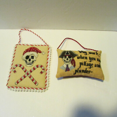 lot of 2 completed cross stitch ornaments pirate Christmas candy cane and work