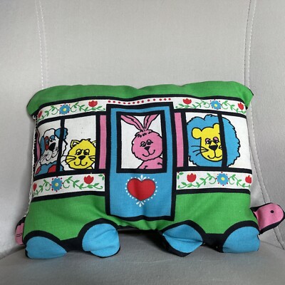 Vintage Stuffed Cloth Train Zoo Animals Pillow Buttons Bright Retro Fun Colors