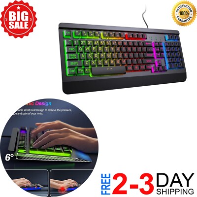 Large Print Letters Computer Keyboard LED Lighted White Backlit Full Size Key