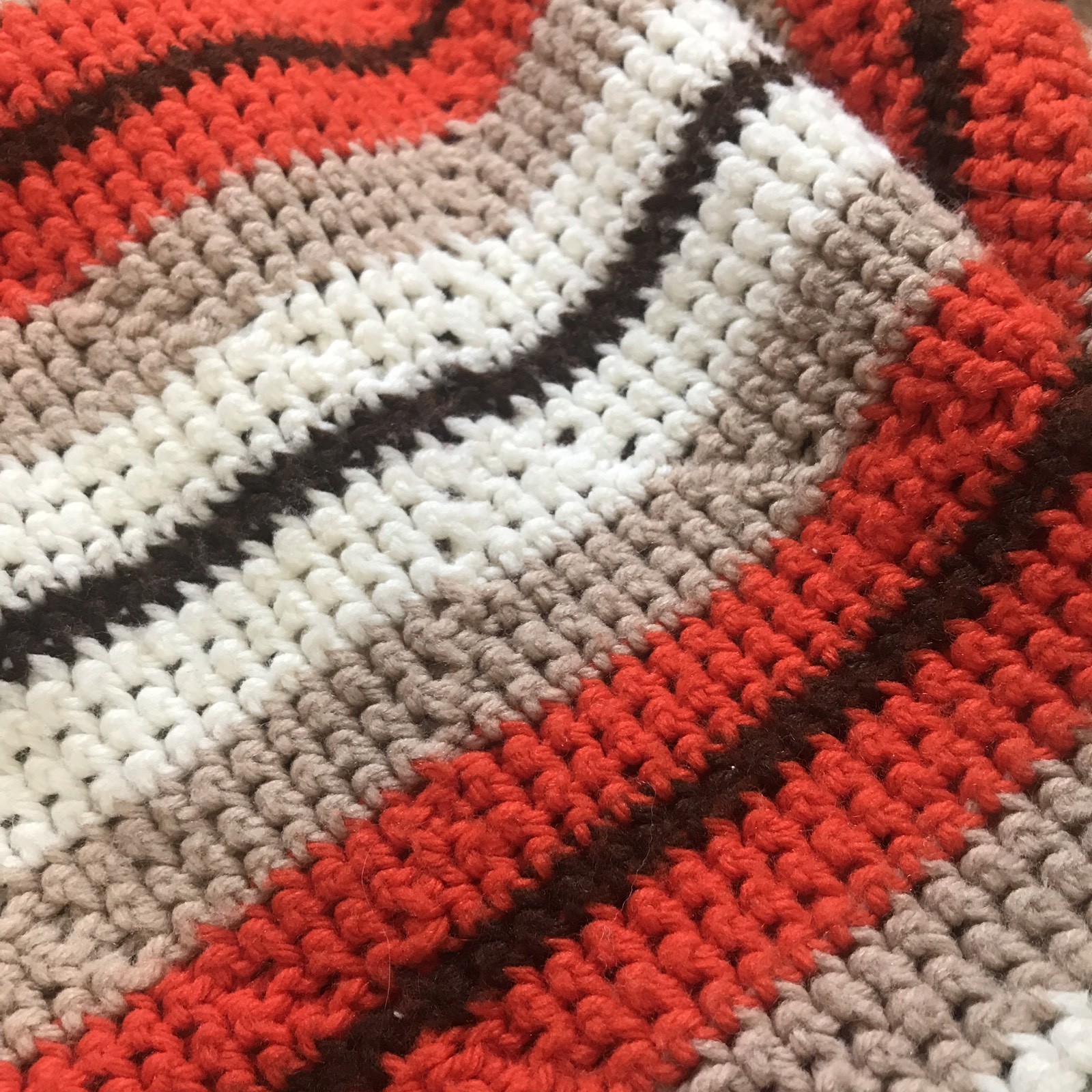 Vintage Hand Crocheted Granny Afghan Blanket Throw Brown Orange White