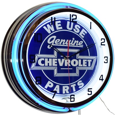 19'' We Use Chevrolet Genuine Parts Sign Double Neon Clock Garage Decor (Blue)