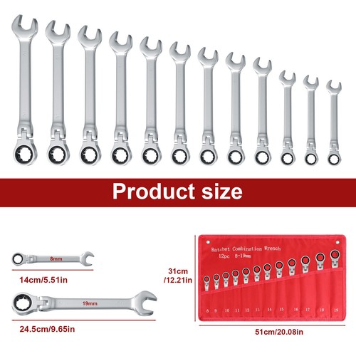 12Pc 8-19mm Metric Flexible Head Ratcheting Wrench Combination Spanner Tool Set