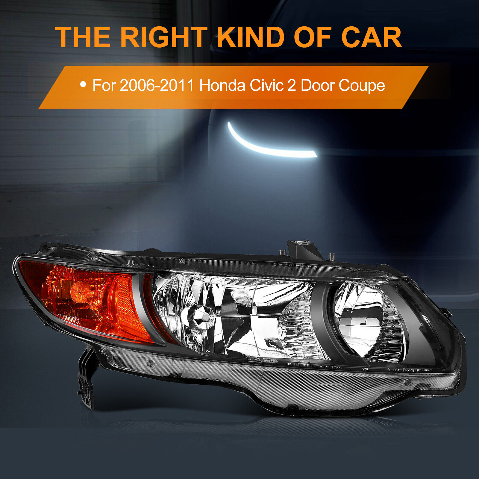 For 06-11 Honda Civic 2DR Replacement Headlights Lamps Left+Right Black Amber