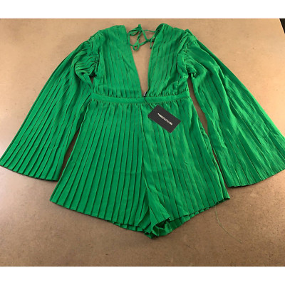 Pretty Little Thing Women Romper Playsuit Green Pleated Plunge Long Sleeve 6 New