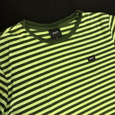 MEN'S HUF S/S SHIRT GREEN ON GREEN STRIPES 100% COTTON SKATE TEE FLAW SIZE LARGE