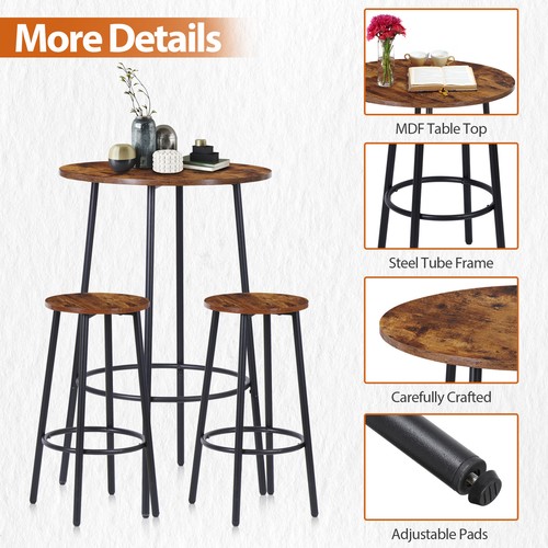 3 Piece Pub Dining Set Counter Height Bar Table and Chairs Easy Assembly Brown