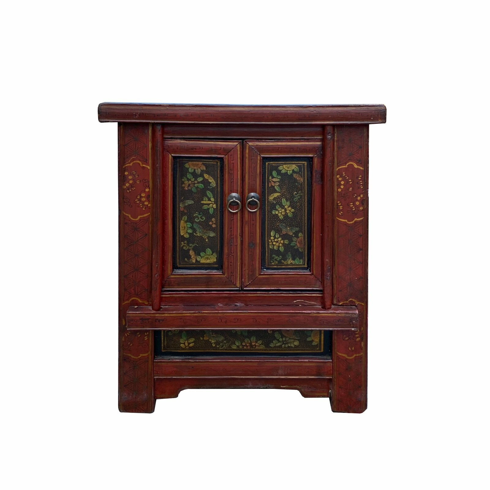 Chinese Vintage Brick Red Flower Graphic End Table Nightstand cs7070S Chinese Vintage Brick Red Flower Graphic End Table Nightstand cs7070S