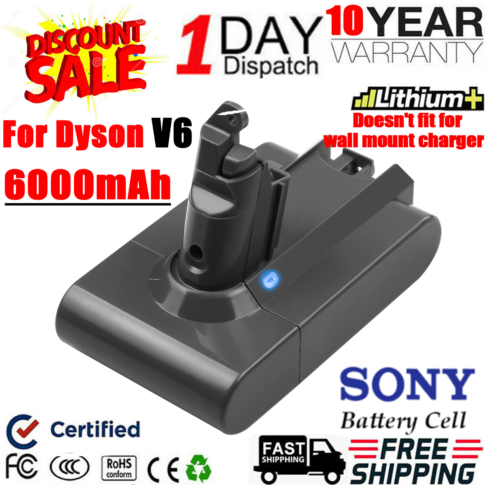 6000mAh For Dyson V6 Animal SV03 SV04 
