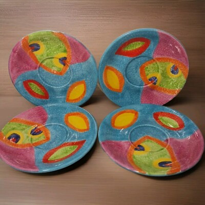 Set of 4  Hand Painted Ceramic Colorful Floral 7'' Plates Made in Italy