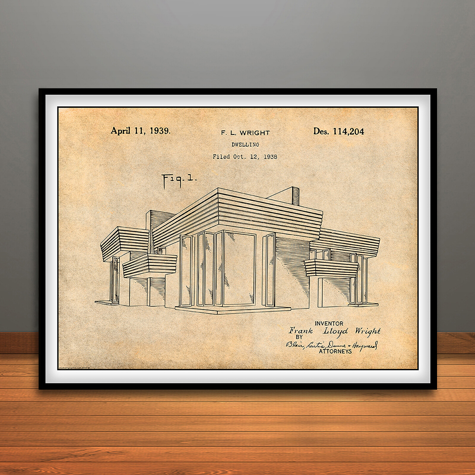 1938 Frank Lloyd Wright House Dwelling Patent Print Art