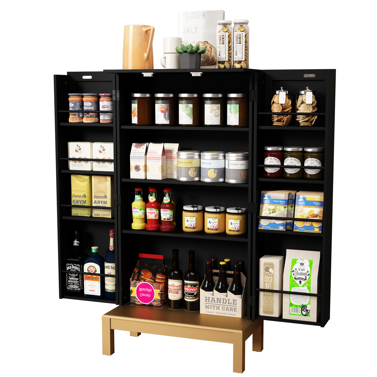 HLR 45''Kitchen Pantry Cabinet with Gold Trim with Doors and