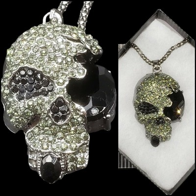 Cracked Skull  Black Jewel Necklace with Gift Box Rhinestones Halloween Gothic