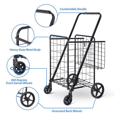 Heavy Duty Folding Shopping Cart Utility Trolley Two Baskets for Grocery Laundry