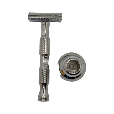 Polished Stainless Steel DE Scalloped Safety Razor with Pineapple Handle and Sta
