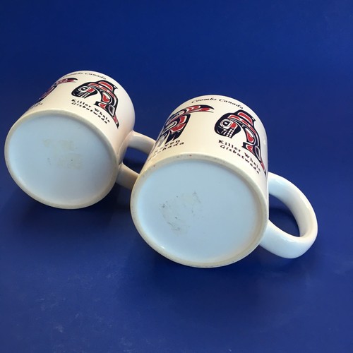 2 Coombs Canada White Pottery Coffee Mugs Whale Raven Salmon Eagle Native