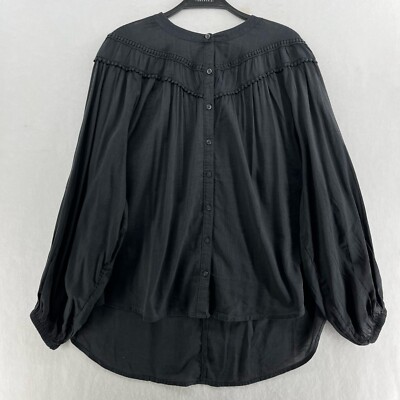 Old Navy Blouse Women's L Black Round Neck Long Sleeve Elastic Cuffs Lace Trim