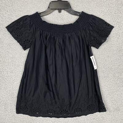 NWT Old Navy Women's XS Black Off the Shoulder Eyelet Short Slv Blouse Top Boho