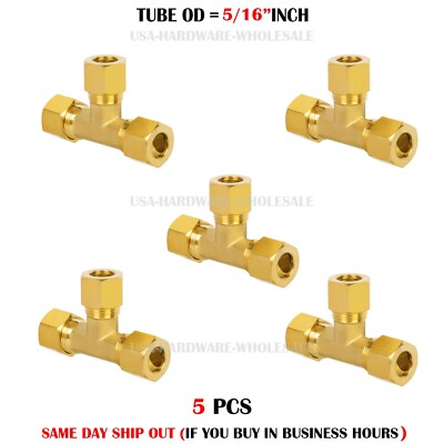 Brass Tee Compression Tube Fitting, 5/16'' OD x 5/16'' OD x 5/16'' OD (5 PCS)