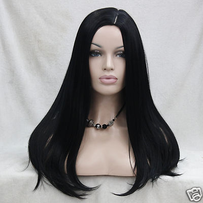 New heat resistant hair jet black no bangs long straight side skin
