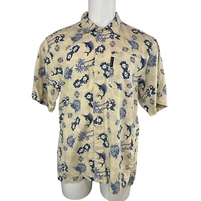 Columbia Shirt Men's Medium Button Up Beige Shirt Blue Sail Fish Floral (259)