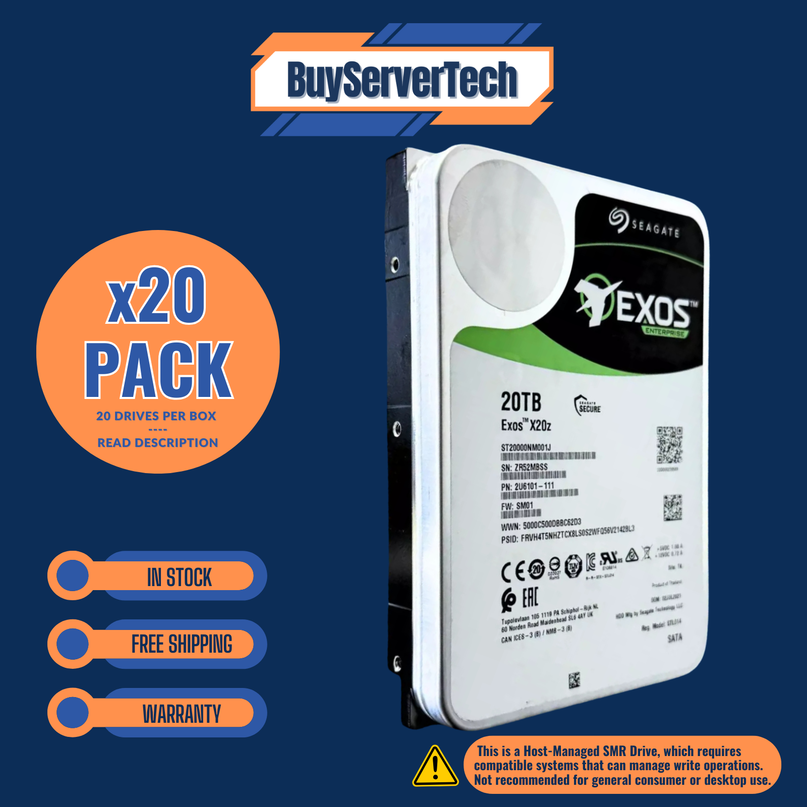 その他 SEC Lot of 20 Seagate Exos X20z 20TB ST20000NM001J 7.2k 3.5
