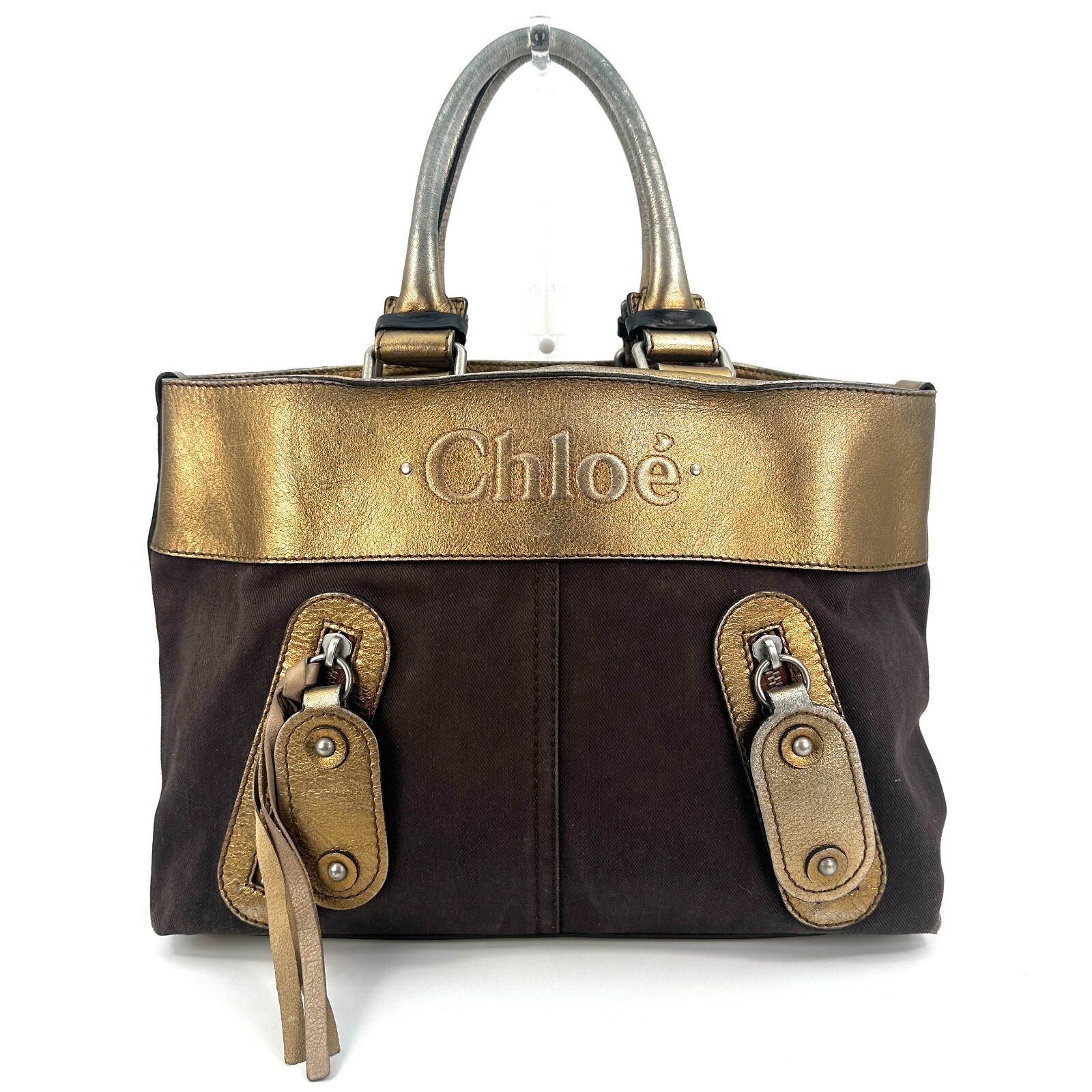 【関税＆送料込み】ChloAC Dark Gold Leather Totes Chloe Tote Shoulder Bag Leather Canvas Brown Gold Logo | eBay