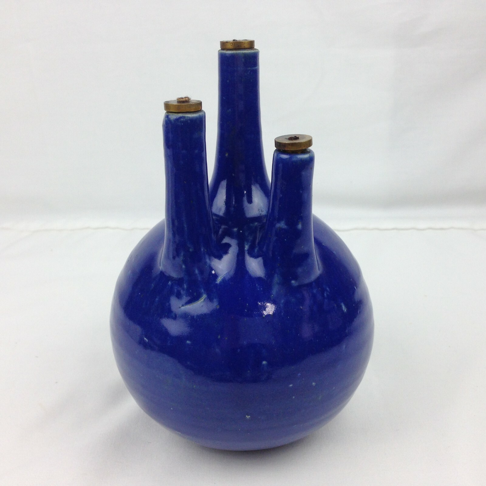 Handmade Studio Clay Pottery Round Triple Tube Oil Lamp Blue Glaze Art Deco