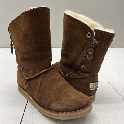 RJ s Fuzzies Brown Trixie Leather Boots Sheepskin Lined Side Zip Women s Size 9
