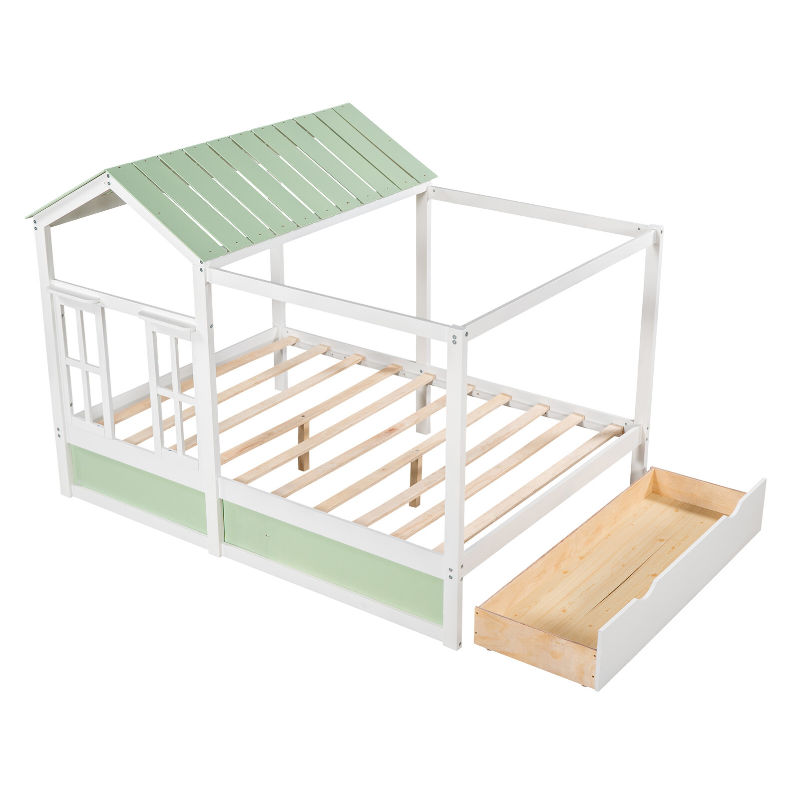 Green Full Size House Bed Wooden Bed Frame with Storage Drawer For Kids Bedroom