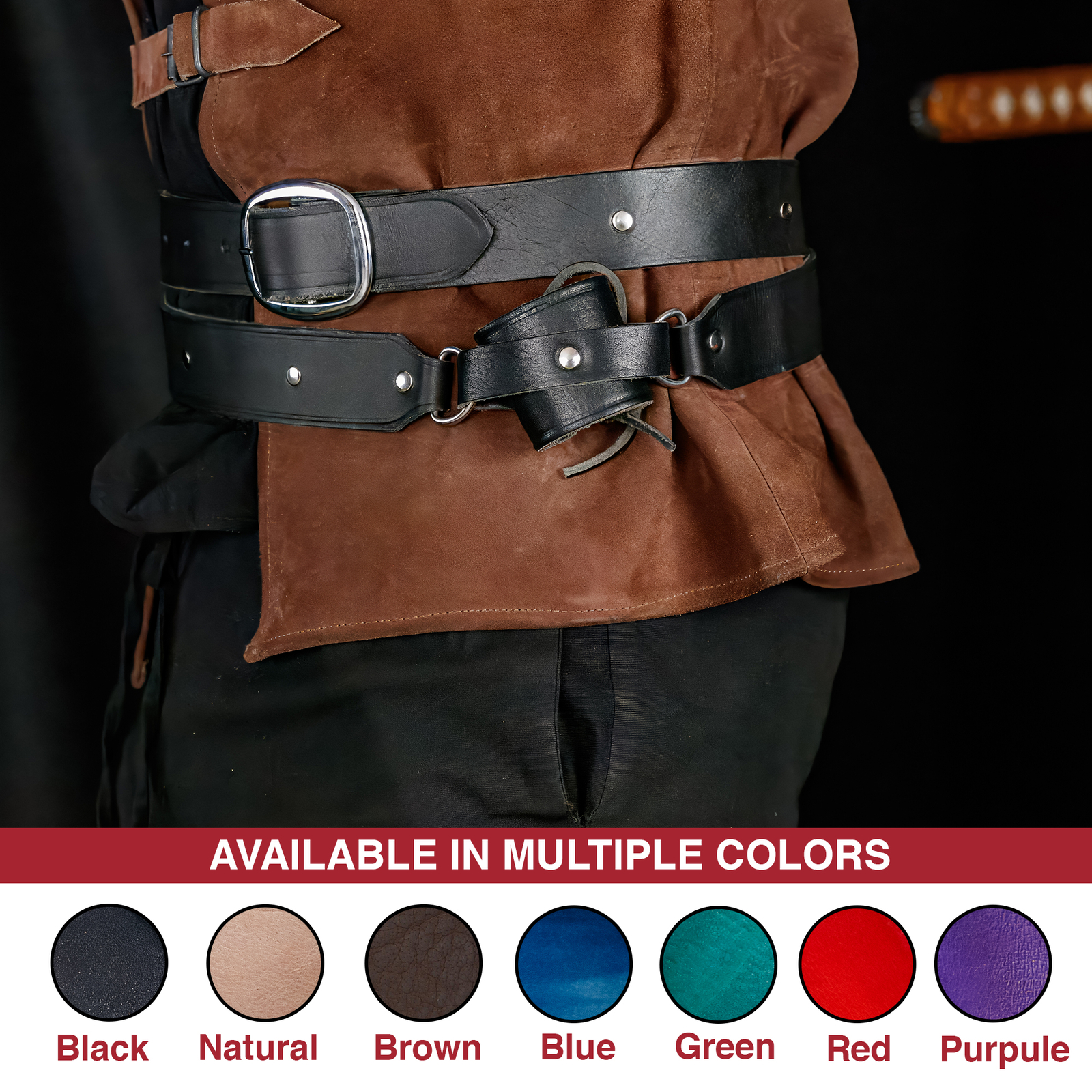 Medieval Genuine Leather Double Wrap Sword Belt with Adjustable Frog, in 3 size