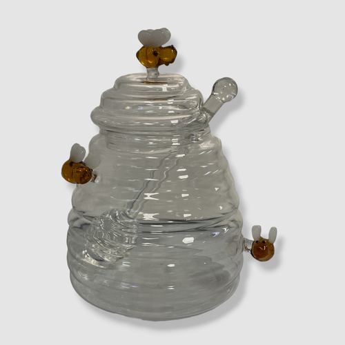 $42 Neiman Marcus Botanical Clear Glass Lid Bee Kitchen Handcrafted Honey Jar