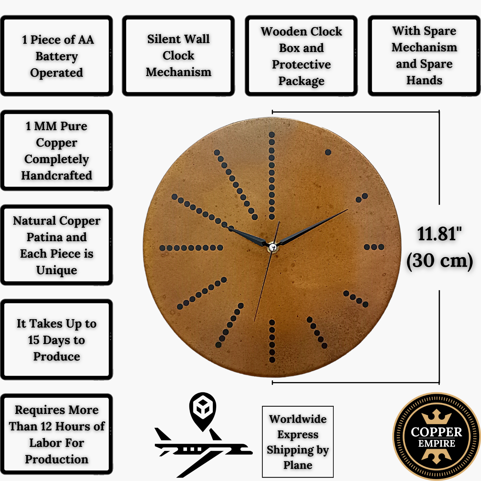 Farmhouse Clock Mid Century Modern Handmade Art Deco Patina Copper Wall Clock