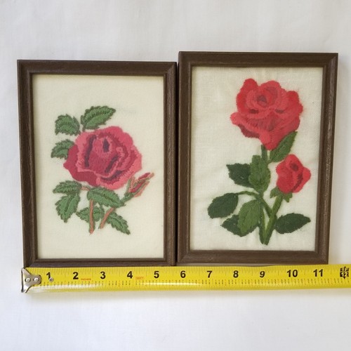 Vintage Needlepoint Roses in Wooden Frames