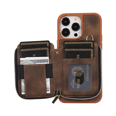 For iPhone 15 Pro Max 14 13 12 11 Zipper Pocket Leather Holder Crossbody Case