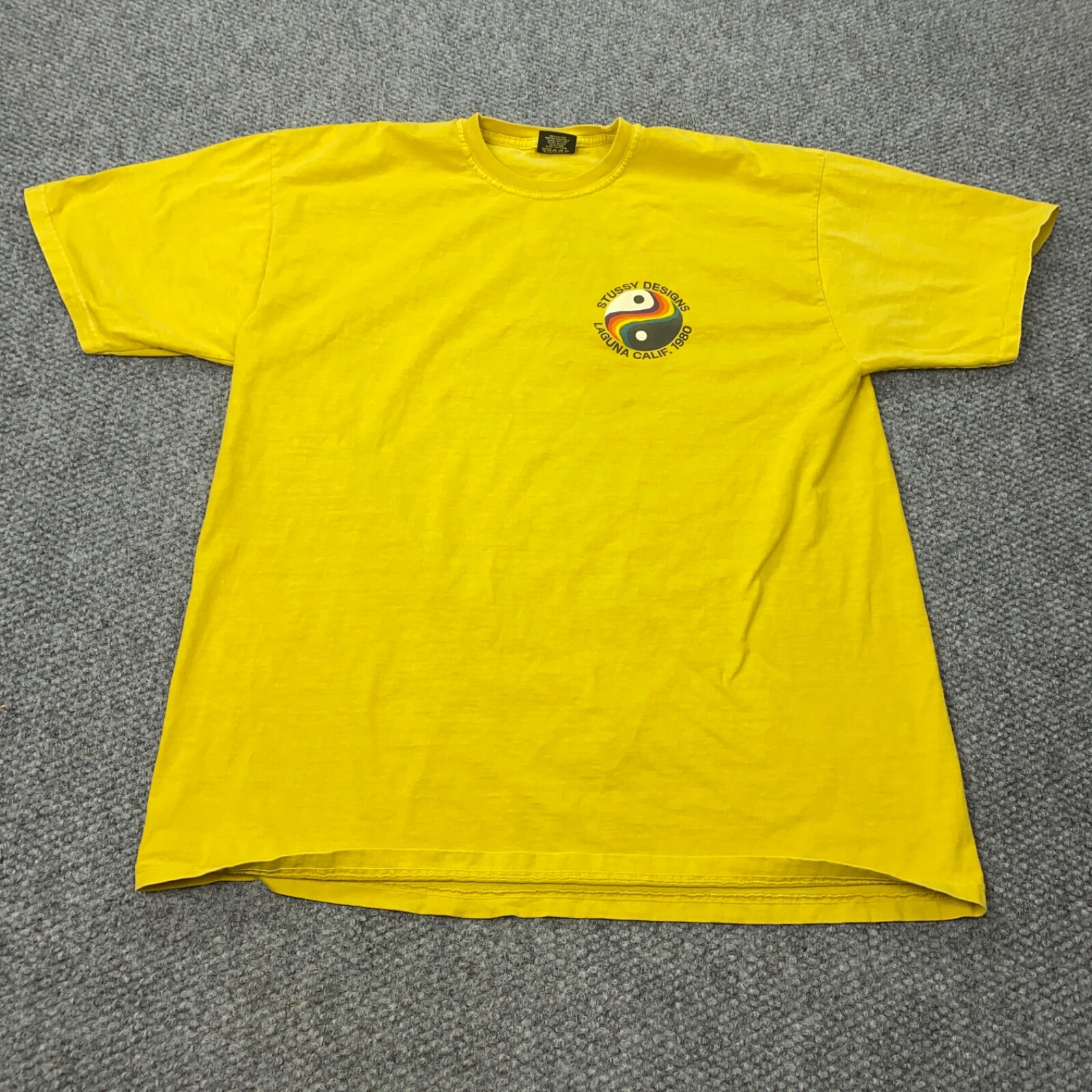 Stussy Rainbow Yin Yang Tee Shirt Mens XL Yellow Laguna 1980