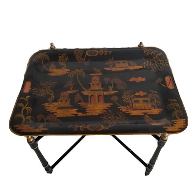 Tole Chinoiserie Butlers Tray Table Adjustable Folding Base Toleware Black Gold