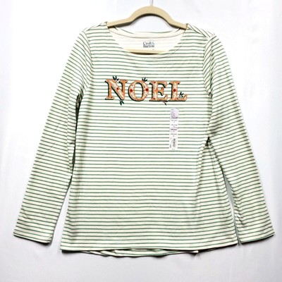 Croft & Barrow Christmas Blouse Holiday Long Sleeve Noel Green Stripe Womens S