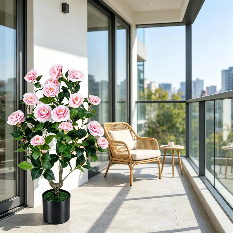 Artificial Camellia Tree Faux Flower Plant Cement-Filled Pot Durable Fake Camell