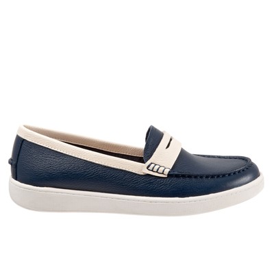 Женские синие очень широкие кожаные мокасины на плоской подошве Trotters Dina T2000-464