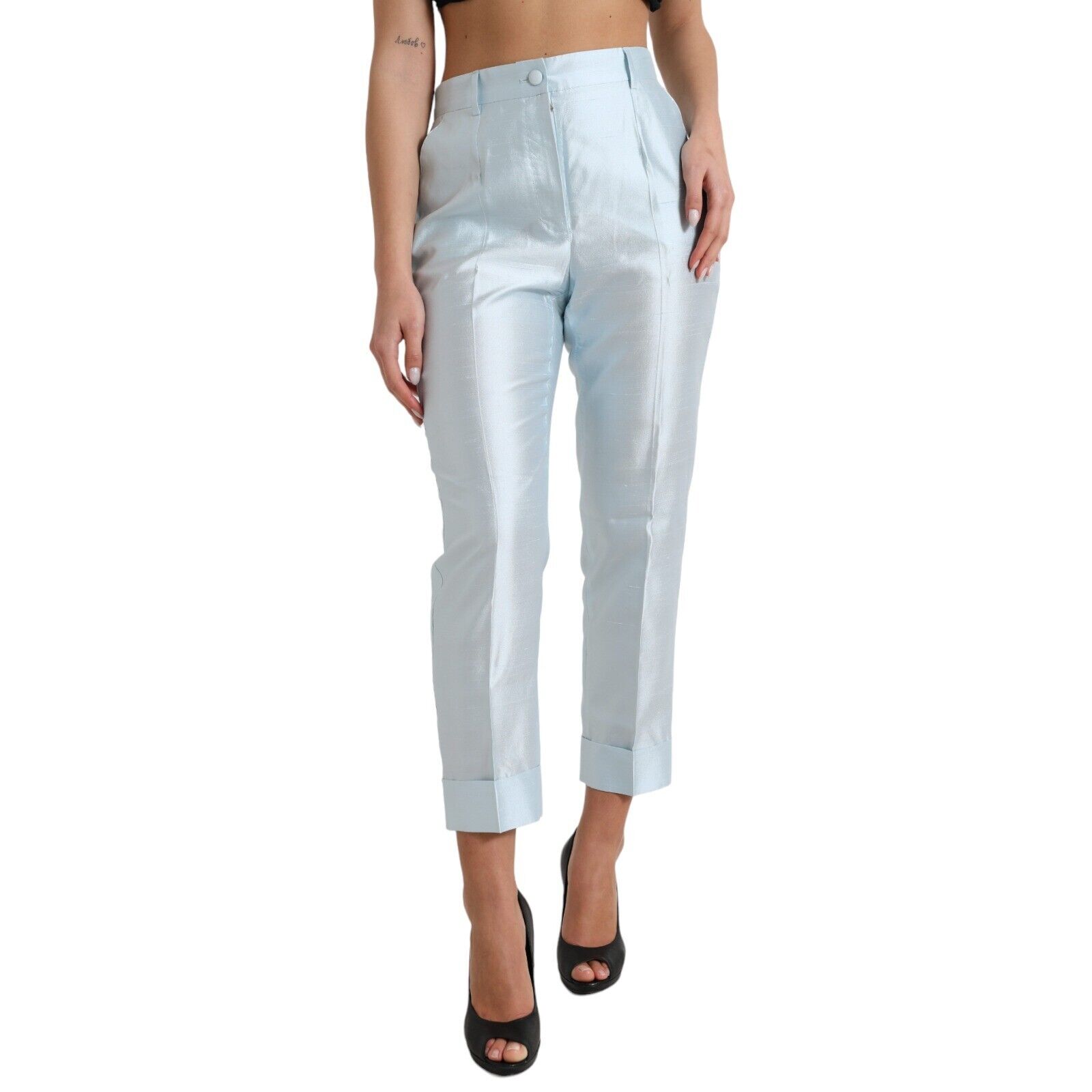 DOLCE & GABBANA Pants Sky Blue Silk High Waist Folded Hem DOLCE & GABBANA Pants Sky Blue Silk High Waist Folded Hem
