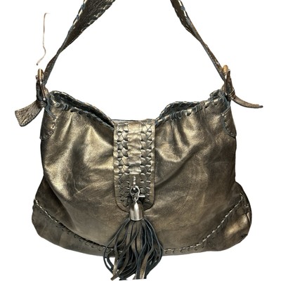 Carla Mancini  Whipstitch Purse W Tassel Antique Gold metallic Leather NWOT