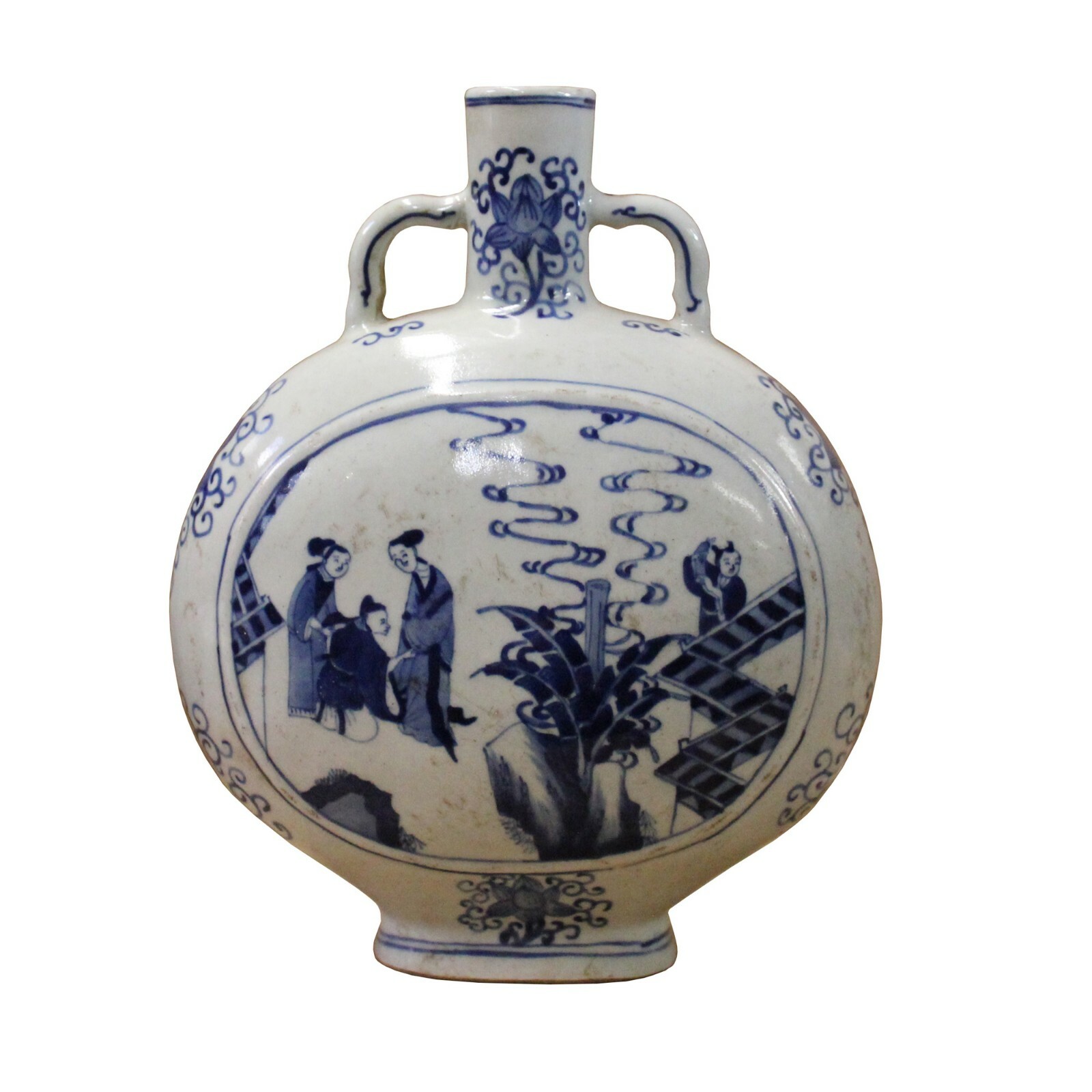 Chinese Blue White Porcelain People Graphic Oval Flat Body Vase ws376S Chinese Blue White Porcelain People Graphic Oval Flat Body Vase ws376S