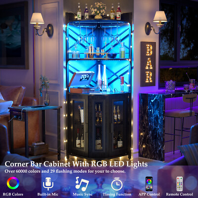 Corner Bar Cabinet 5-Tiers Industrial Wine Cabinet with Power Outlets LED Lights